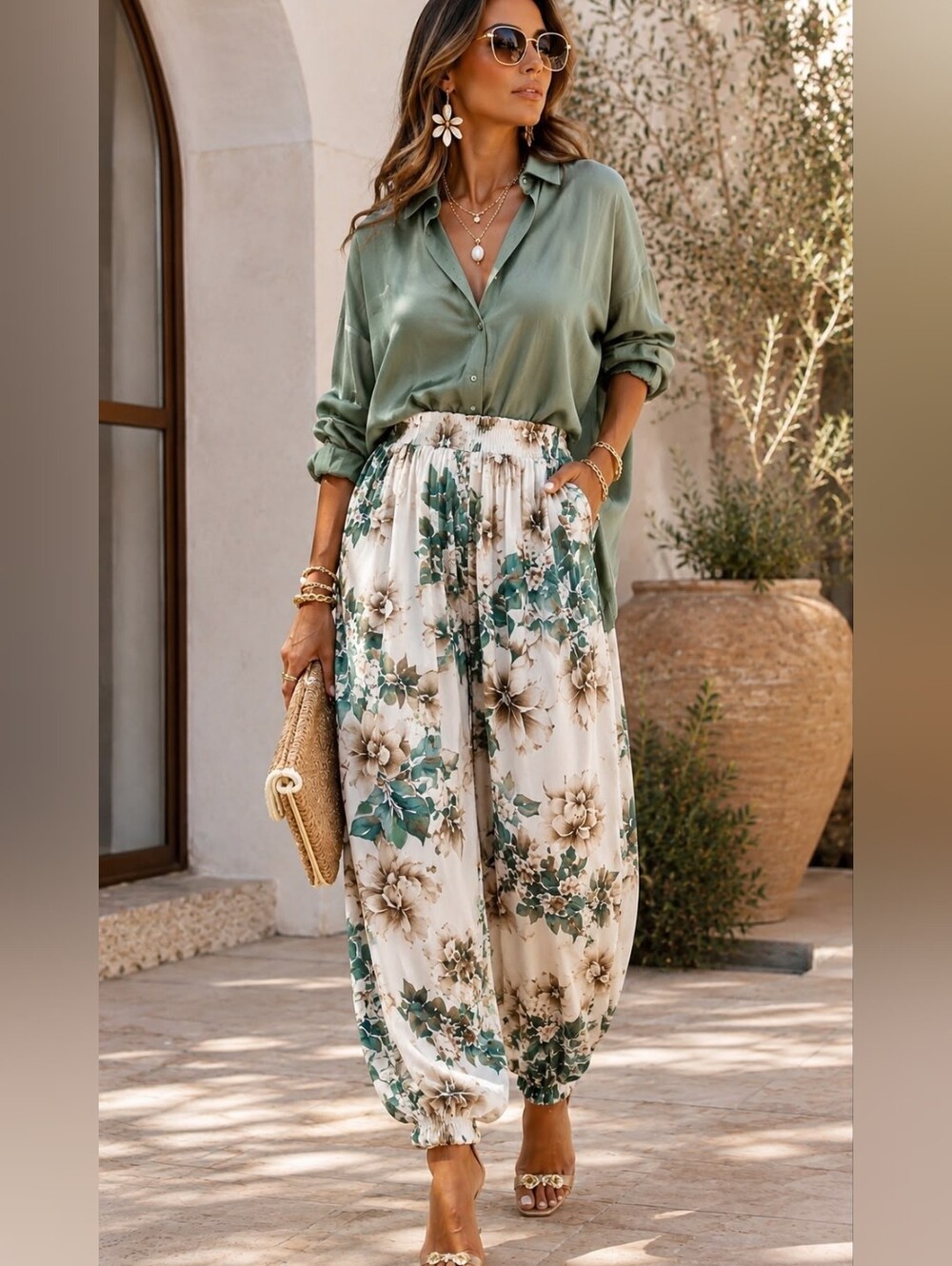 LC 31 Women's Floral Harem Pants - Green & Cream See Through With Lined Shorts